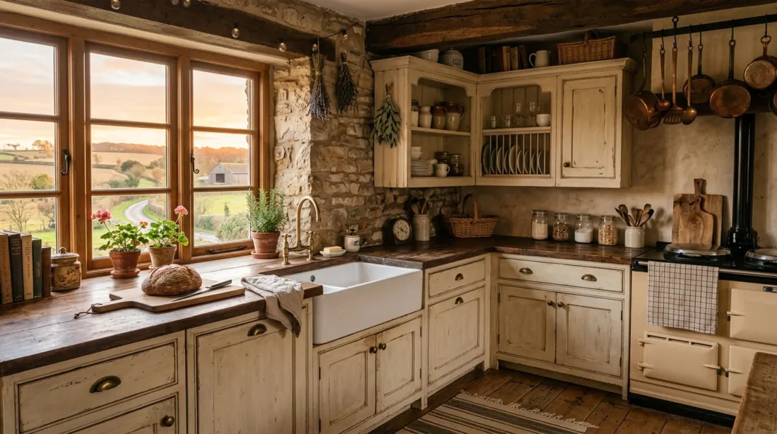 Rustic farmhouse kitchen with apron sink, distressed cabinets, stone backsplash, and vintage decor.