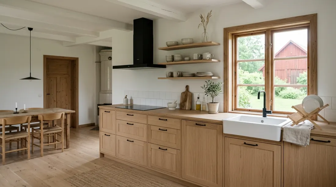 Scandinavian farmhouse kitchen with light wood, white walls, minimal decor, and black hardware.