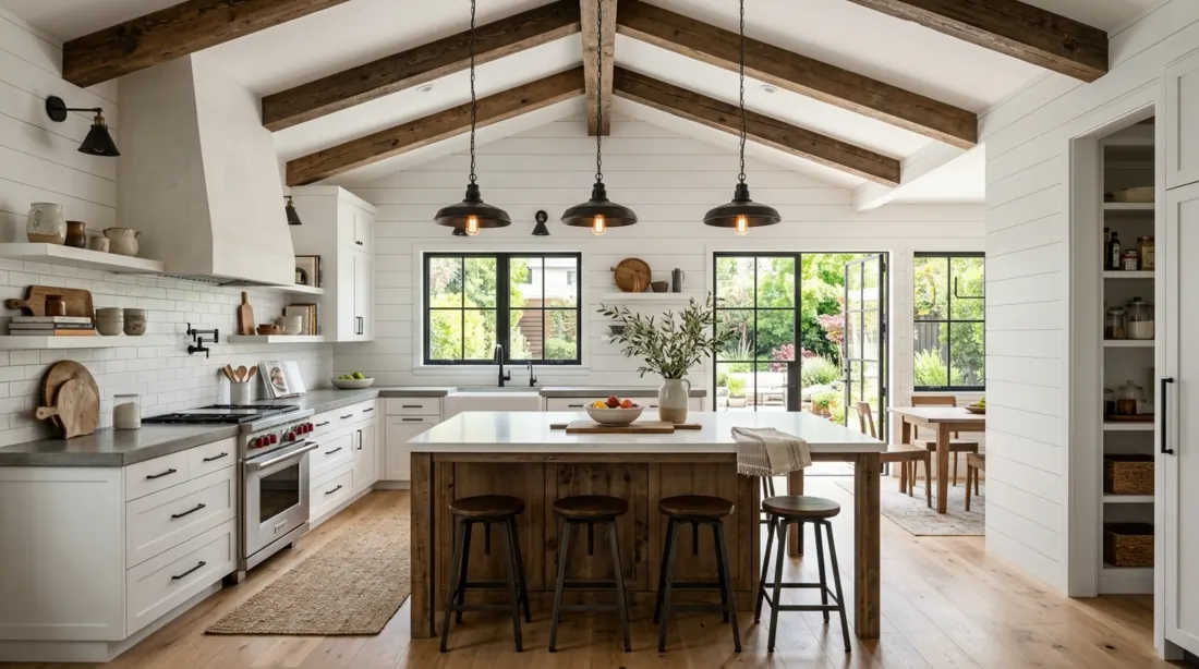 Modern rustic kitchen with shiplap walls, wood beams, white cabinets, and industrial pendants.