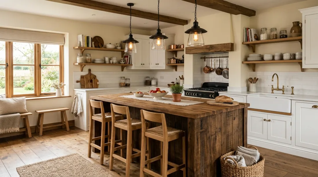 Farmhouse kitchen with large central island, bar stools, pendants, and white wood textures.