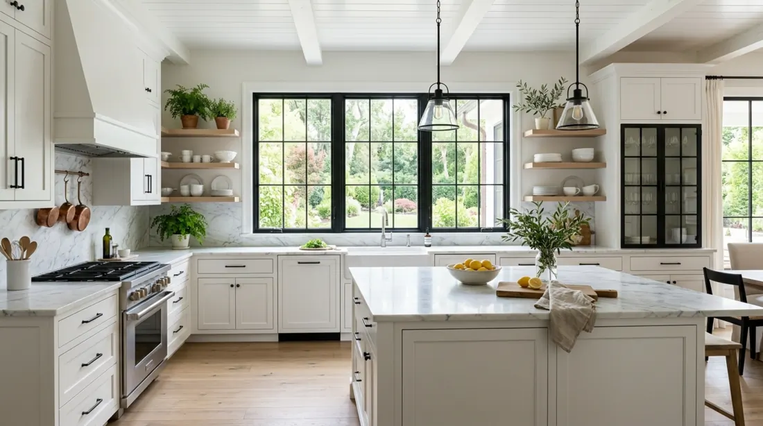 Contemporary farmhouse kitchen with black-framed windows, white cabinets, marble, and greenery.