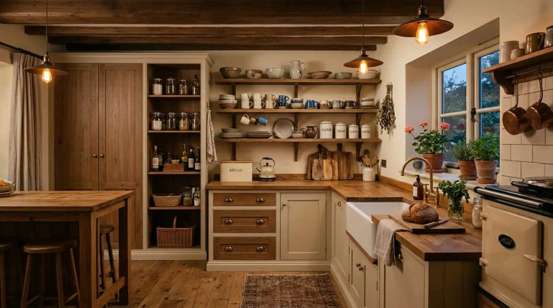 Cozy farmhouse kitchen with built-in pantry, open ceramic shelves, wood accents, and warm light.