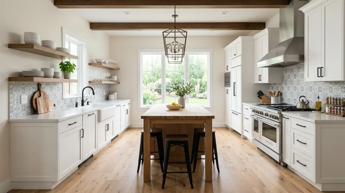 Modern farmhouse kitchen with patterned tile backsplash, white cabinets, and wood flooring.