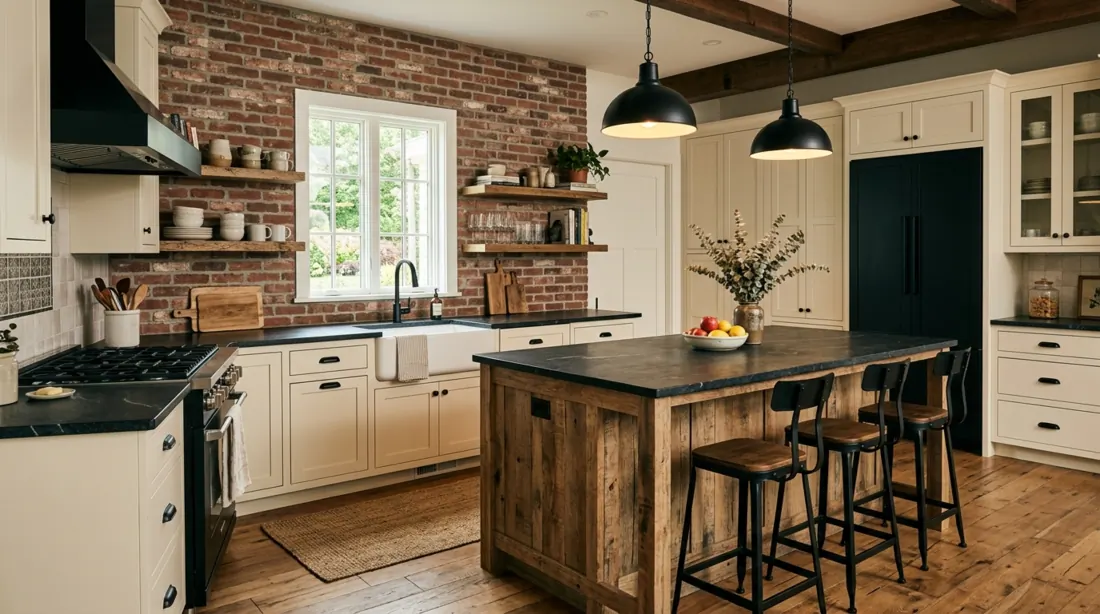 Rustic modern farmhouse kitchen with exposed brick wall, wood island, and black fixtures.