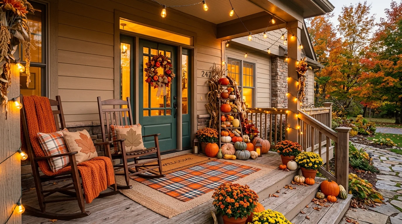 Fall front porch with plaid rugs, stacked pumpkins, rocking chairs, and warm string lights.