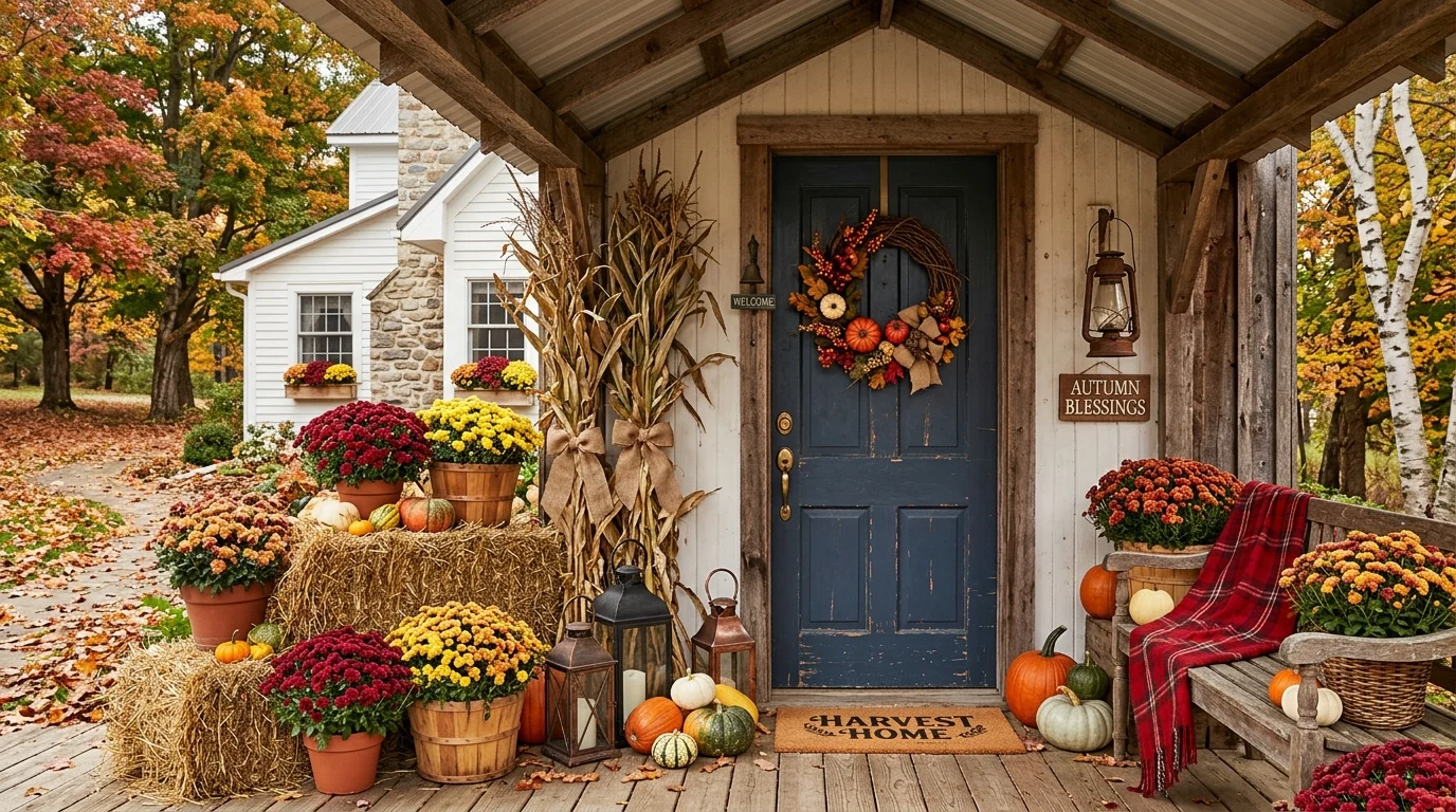 Rustic autumn porch with hay bales, cornstalks, lanterns, and red-yellow mums.