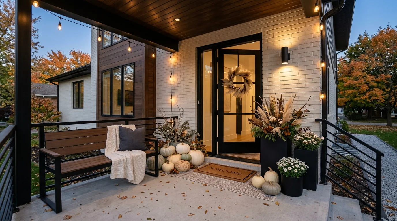 Modern fall porch with neutral pumpkins, black planters, bench seating, and soft seasonal light.