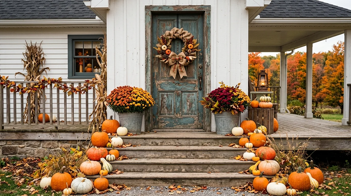 Farmhouse porch with distressed door, burlap wreath, galvanized buckets of mums, and pumpkin-lined steps.