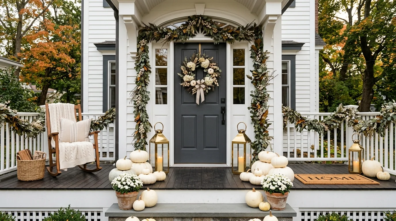 Elegant autumn porch with white pumpkins, eucalyptus garlands, brass lanterns, and refined neutral tones.