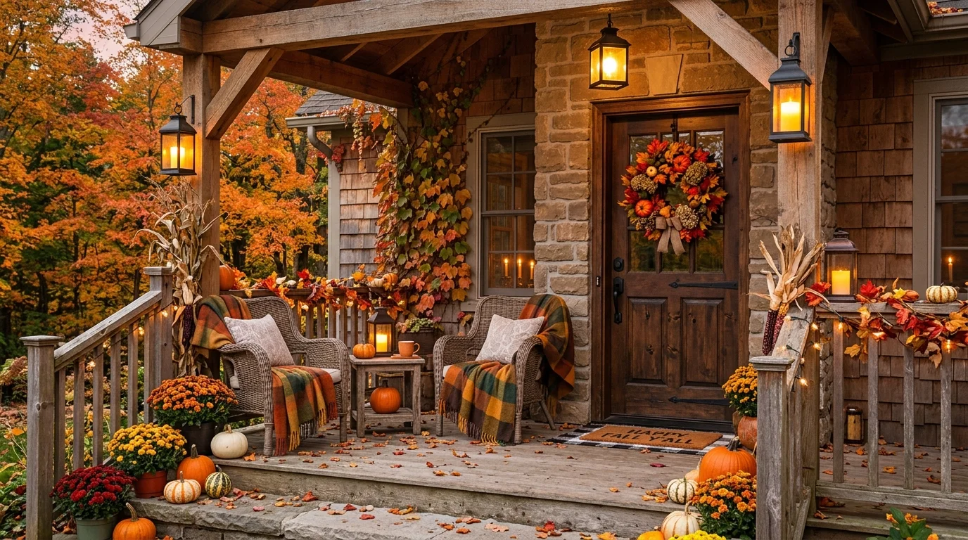 Cottage porch with autumn wreath, wicker chairs, plaid blankets, colorful leaves, and warm lanterns.