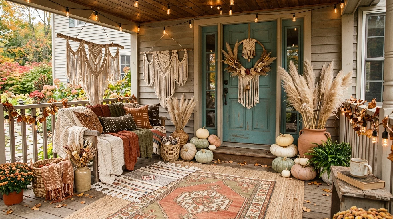 Boho fall porch with textured rugs, muted pumpkins, pampas grass, and artistic seasonal layers.