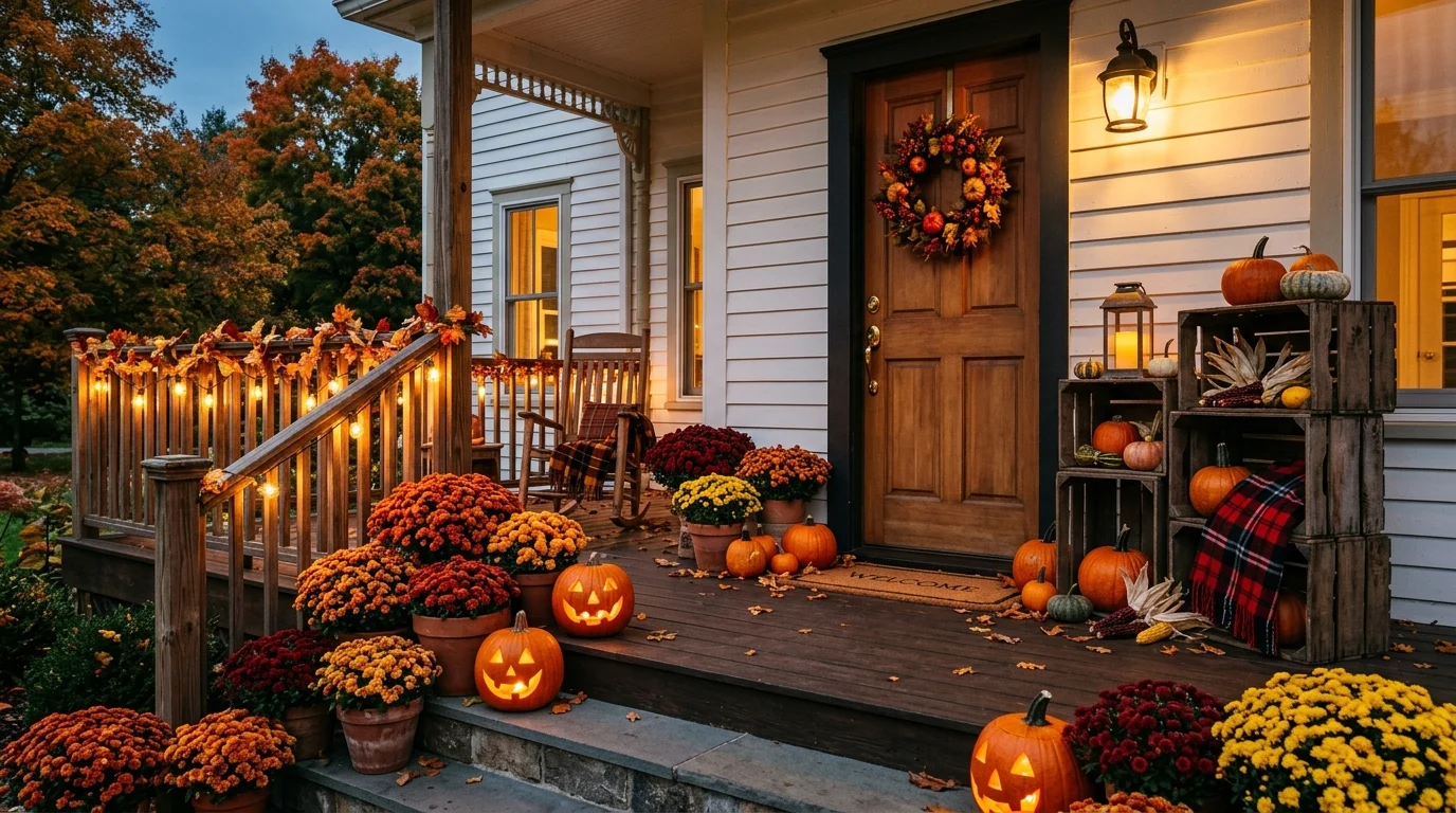 Traditional fall porch with orange-red mums, carved pumpkins, wood crates, and warm porch light.