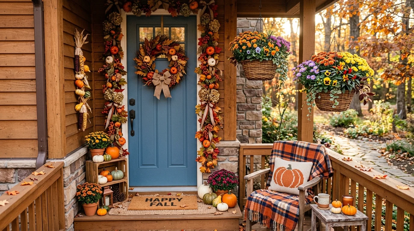Small fall porch with compact pumpkins, hanging baskets, vertical garlands, and space-saving cozy styling.