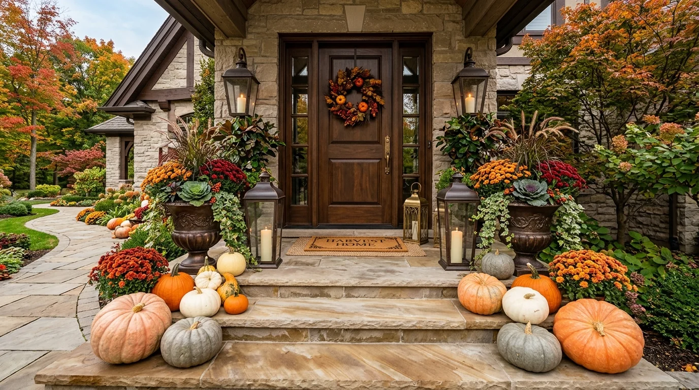 Luxury fall porch with oversized pumpkins, designer planters, lanterns, and polished stone steps.