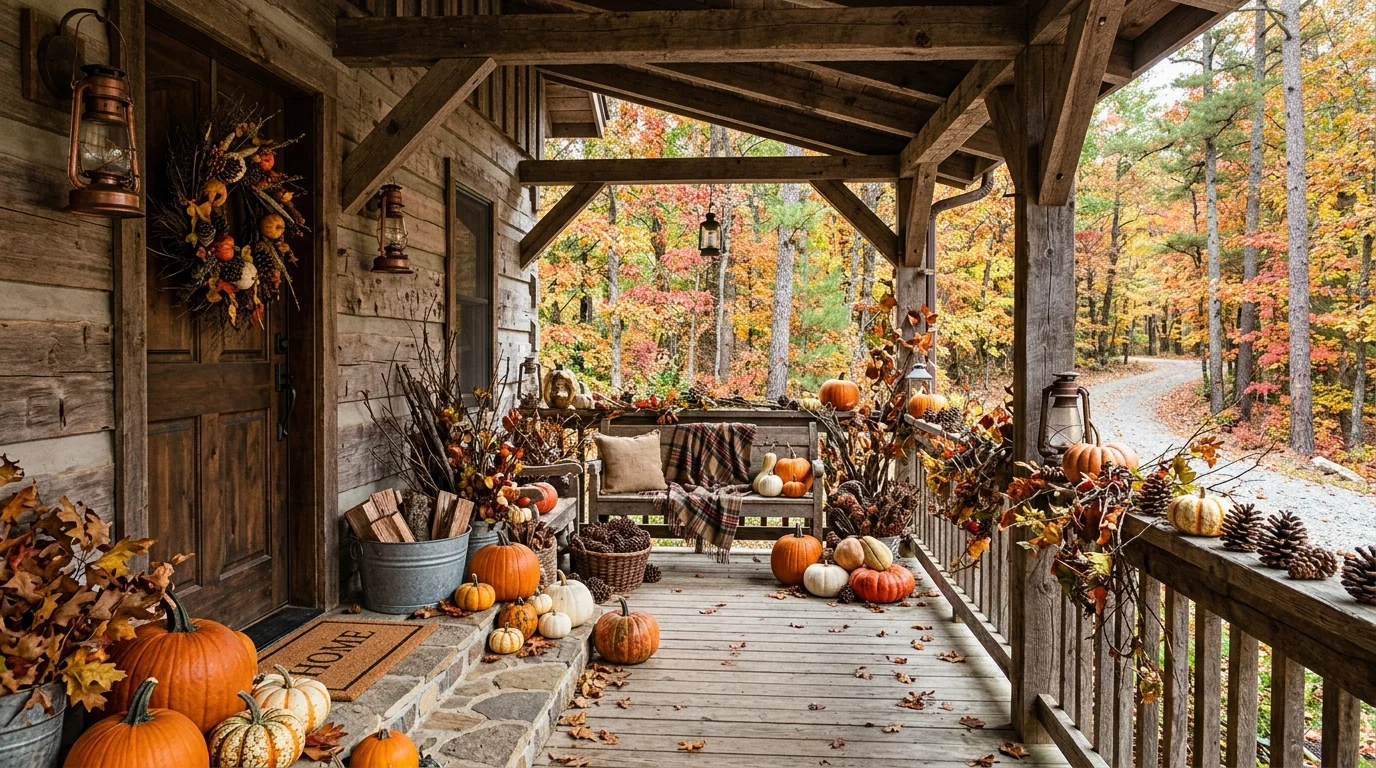 Rustic woodland porch with pinecones, branches, pumpkins, and natural foliage in earthy tones.