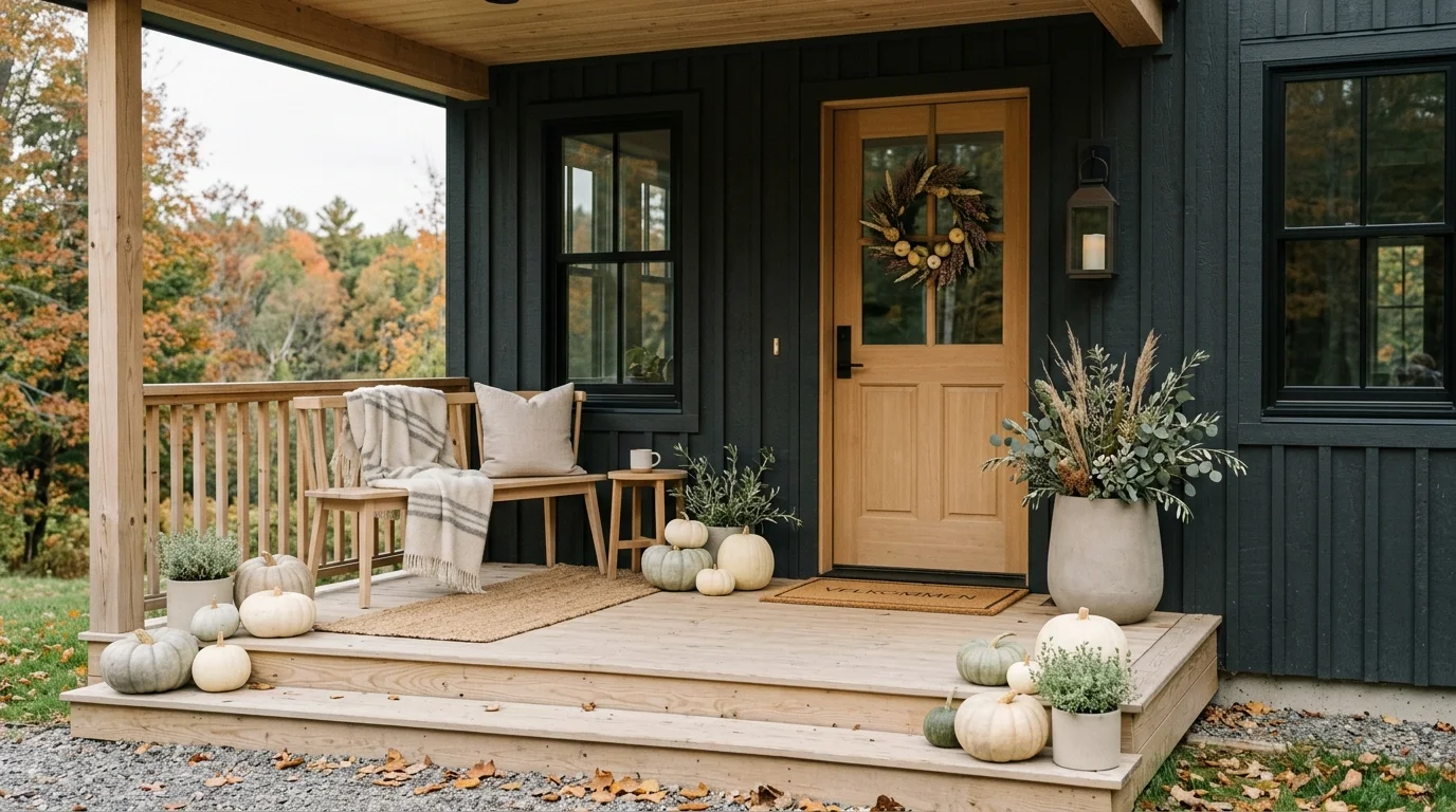 Scandinavian fall porch with muted pumpkins, pale wood accents, neutral textiles, and minimalist greenery.