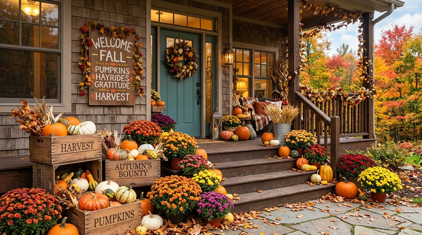 Harvest porch with gourds, colorful mums, stacked crates, pumpkins, and festive rustic signage.