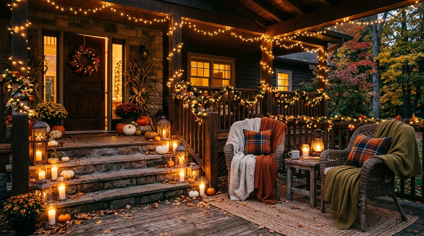 Cozy evening fall porch with candles, lantern-lined steps, string lights, and blankets on seating.