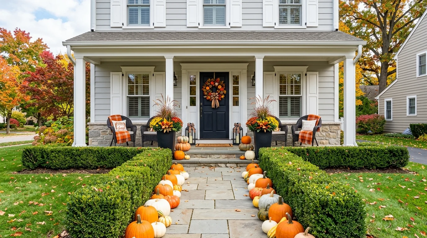 Classic suburban fall porch with symmetrical decor, pumpkin-lined walkway, wreath, and clipped hedges.