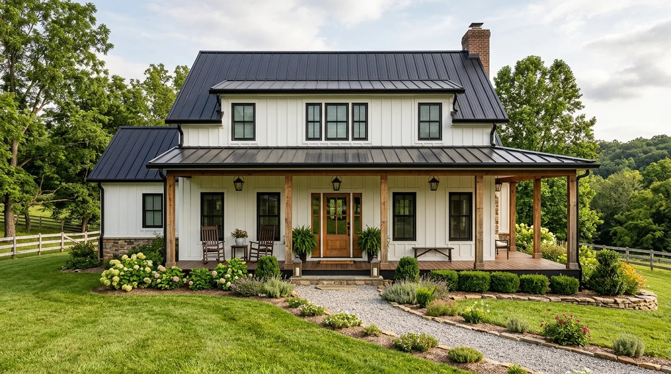 Welcoming farmhouse exterior with white siding, black roof accents, porch columns, and lush lawn.