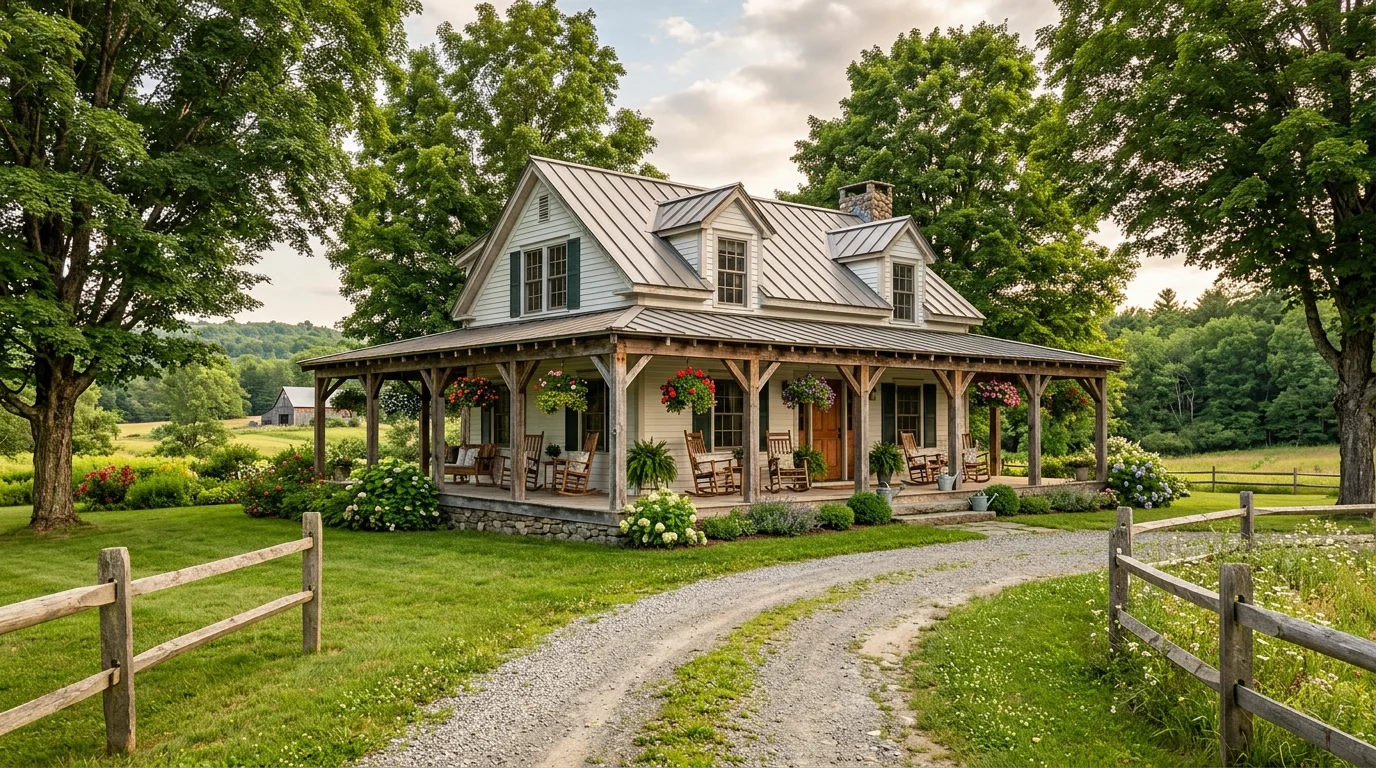 Classic farmhouse with wraparound porch, rocking chairs, flower baskets, and gravel drive under tall trees.
