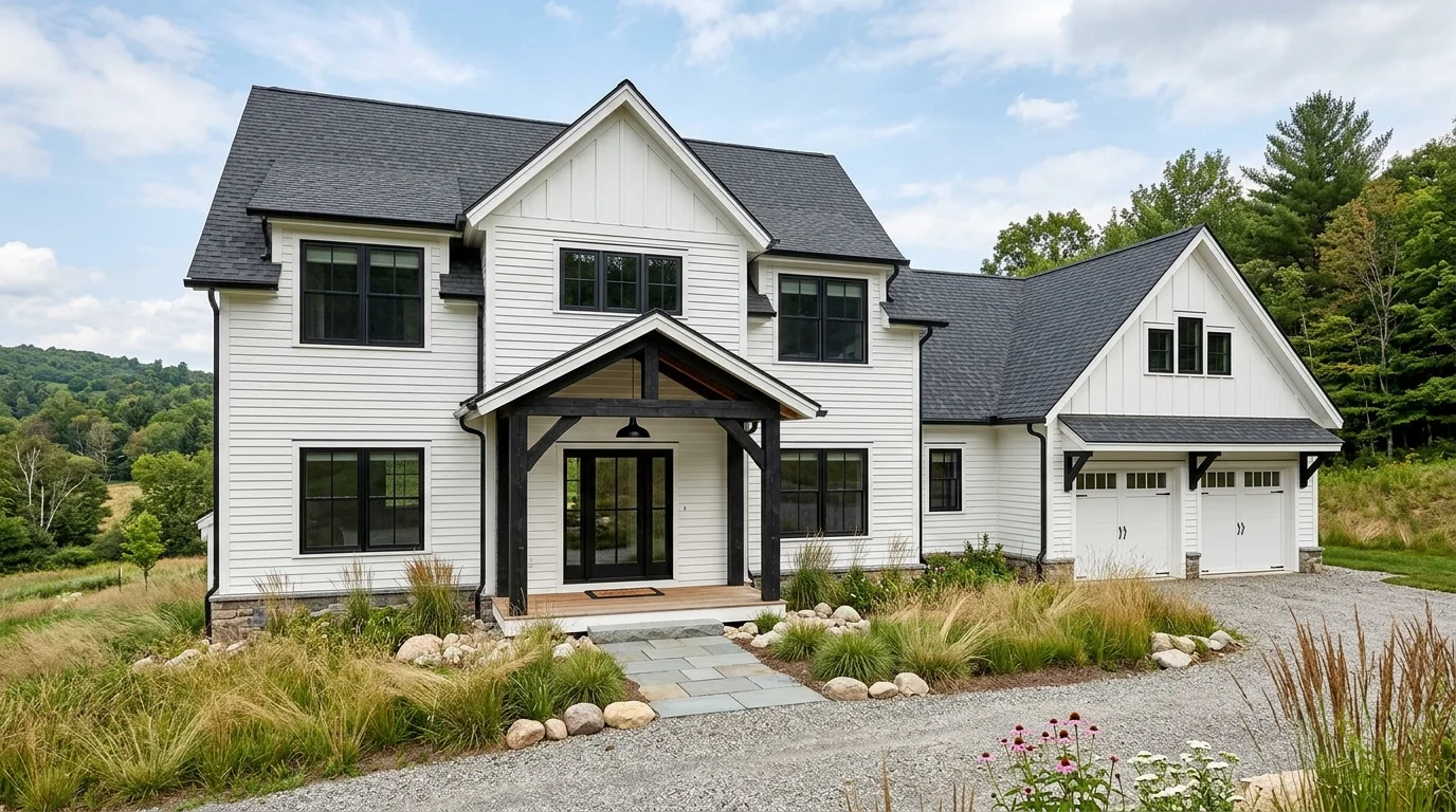 Modern farmhouse with white siding, black-framed windows, gabled rooflines, and native-grass landscaping.