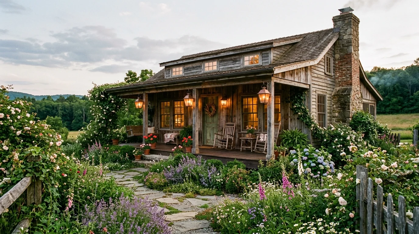 Rustic farmhouse with weathered wood siding, stone chimney, vintage lanterns, and garden path.
