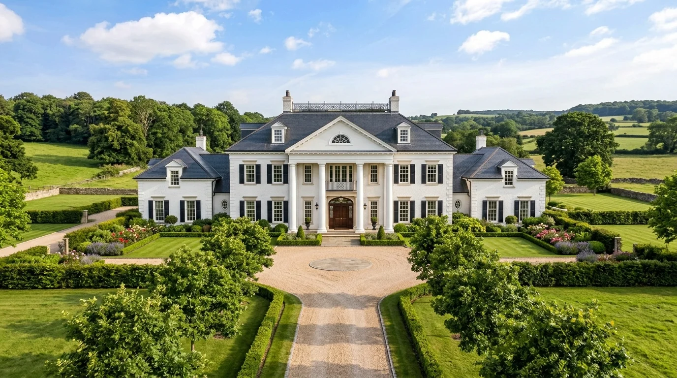 Luxury farmhouse estate with symmetrical facade, white columns, double doors, hedges, and tree-lined driveway.