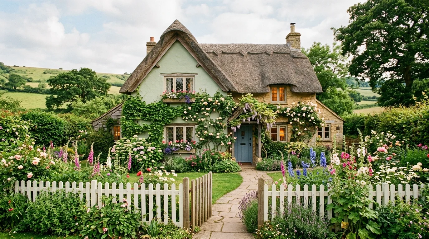 Cottage-style farmhouse with pastel exterior, picket fence, flower beds, and ivy climbing walls.
