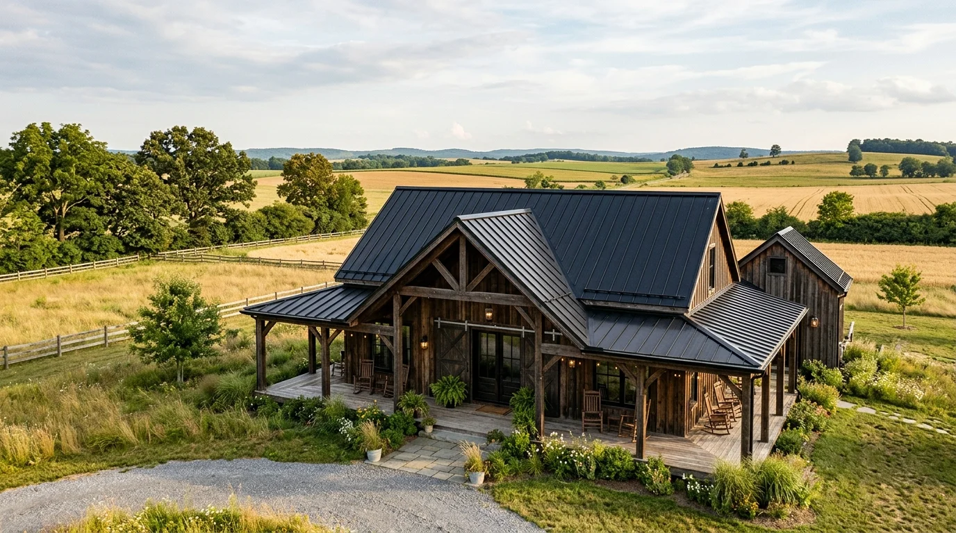 Barn-inspired farmhouse with sliding wood doors, black metal roof, exposed beams, and open field views.