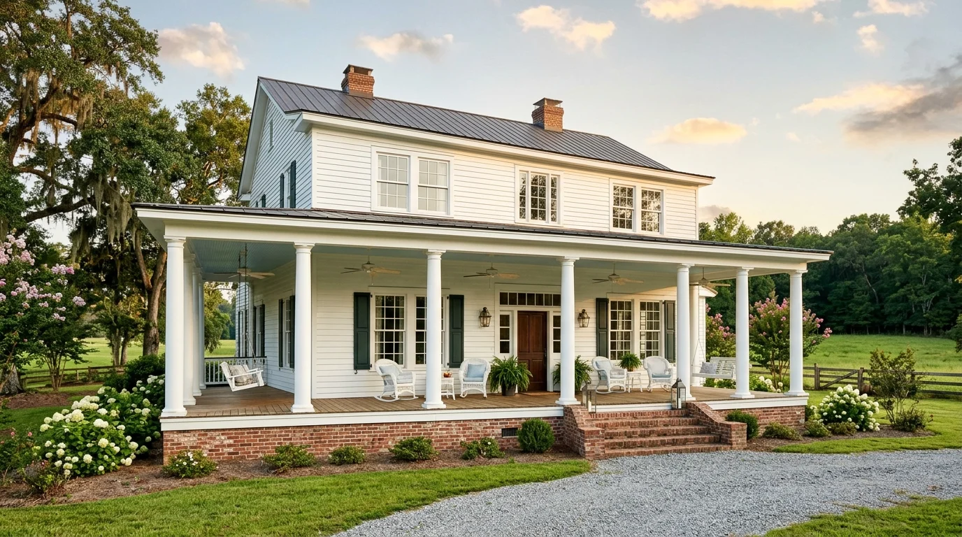 Southern-style farmhouse with tall columns, deep porch, brick foundation, and breezy open layout.