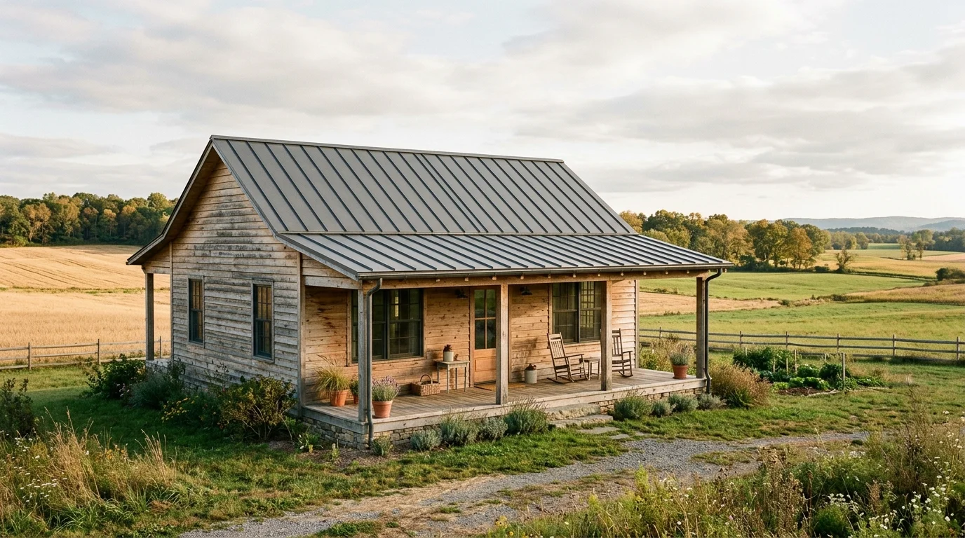 Minimal rustic farmhouse with natural wood siding, simple porch, neutral tones, and farmland backdrop.