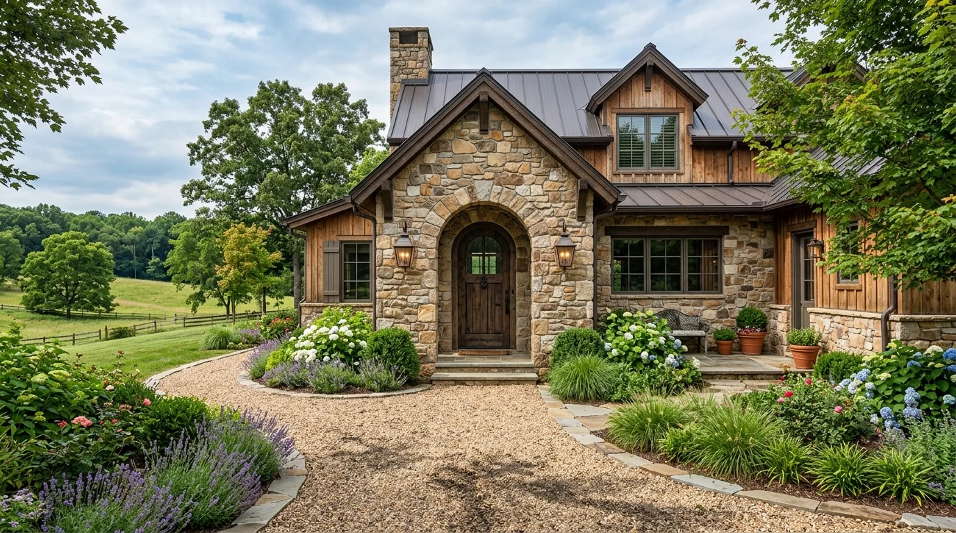 Stone-accent farmhouse with arched entry, lantern sconces, wood siding, and gravel path.
