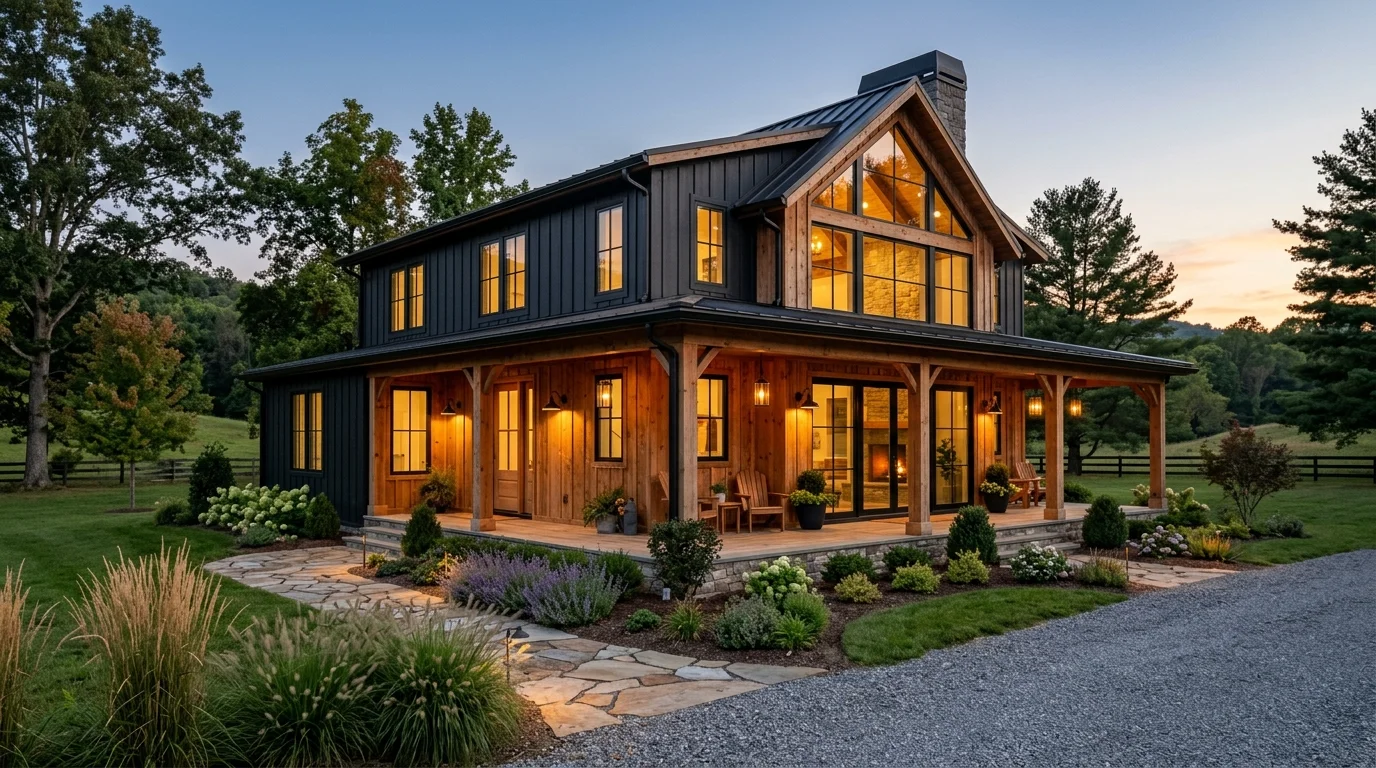 Modern rustic farmhouse with black-and-wood exterior, large windows, and warm porch light.