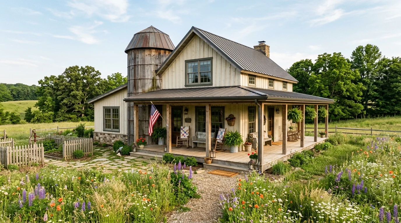 Farmhouse with silo-inspired forms, wraparound porch, vintage accents, and wildflower meadow surroundings.