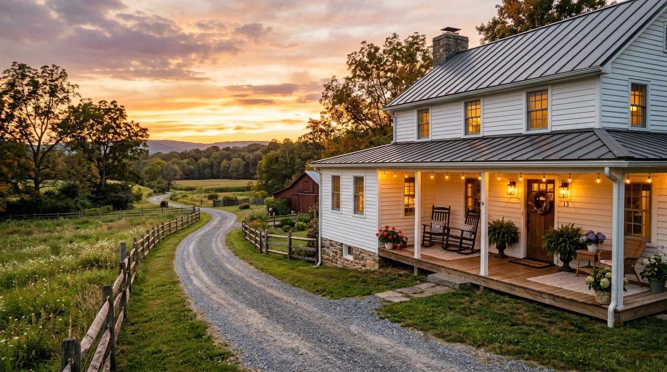 Warm welcoming farmhouse at sunset with glowing porch lights, rocking chairs, and country road approach.
