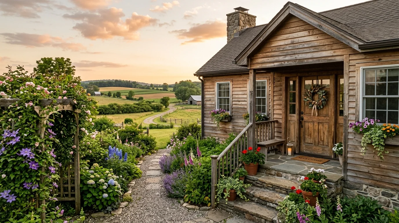 Cozy farmhouse with cedar siding, stone steps, climbing garden trellis, wreath on front door, and serene farmland backdrop.