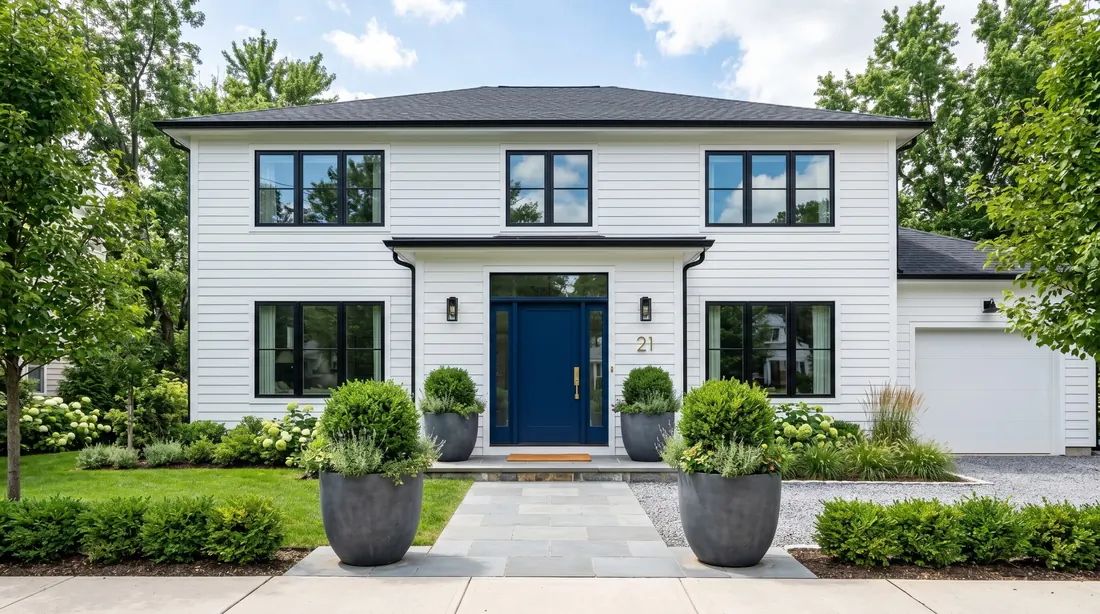 Modern home with navy front door, white siding, brass handle, and symmetrical planters.