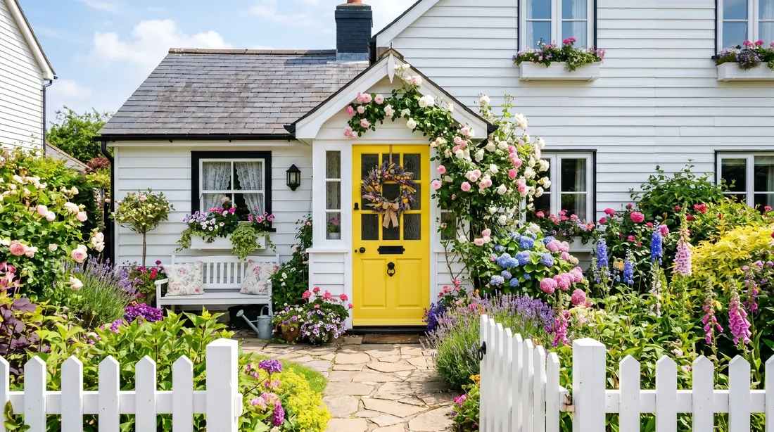 Yellow front door on white cottage with flowers and wreath.