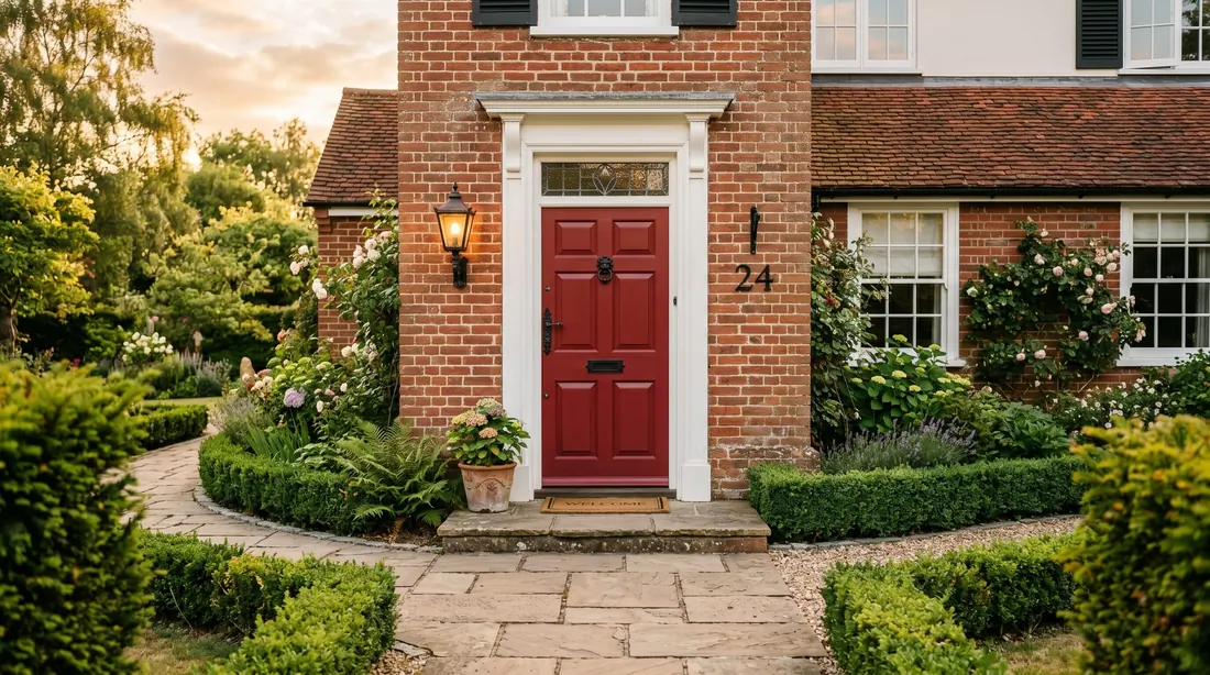 Deep red front door on brick house with black hardware and hedges.