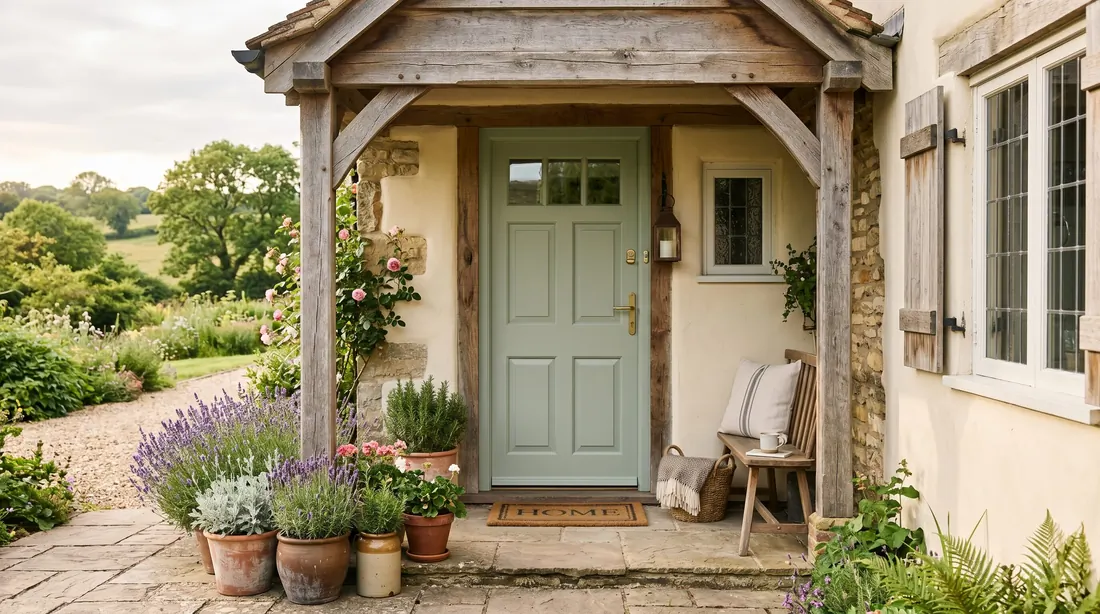 Sage green front door with farmhouse beams and lavender planters.