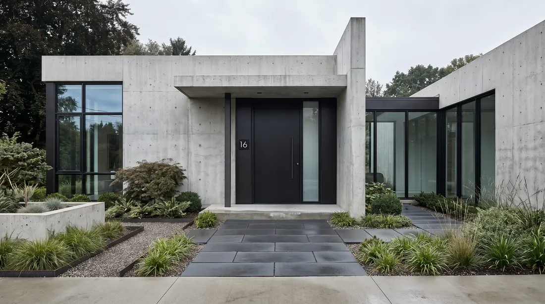 Matte black front door on modern house with concrete and geometric landscaping.