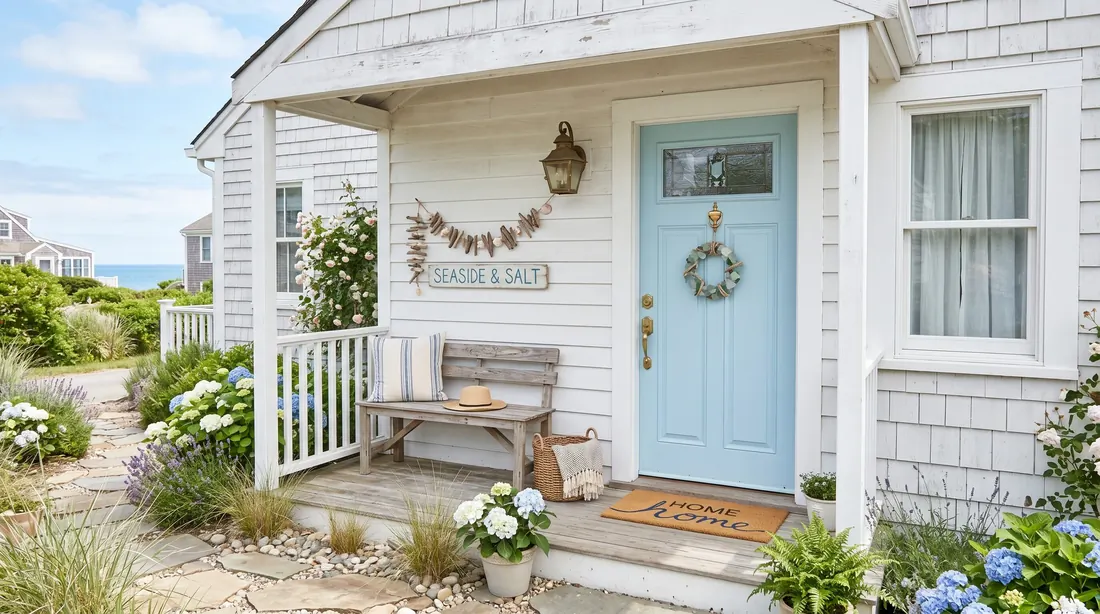 Pastel blue front door on coastal home with white trim.