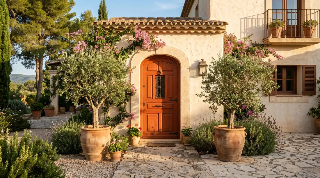 Terracotta front door with stucco walls and olive trees.