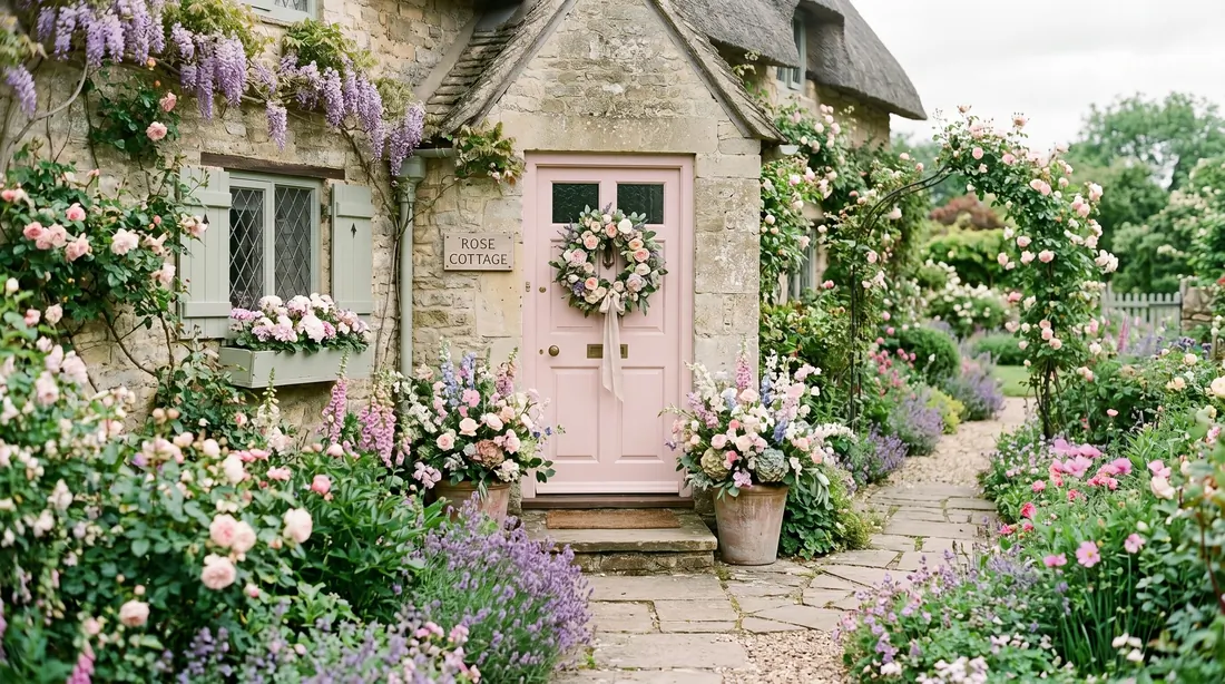 Blush pink front door with floral wreath and garden path.