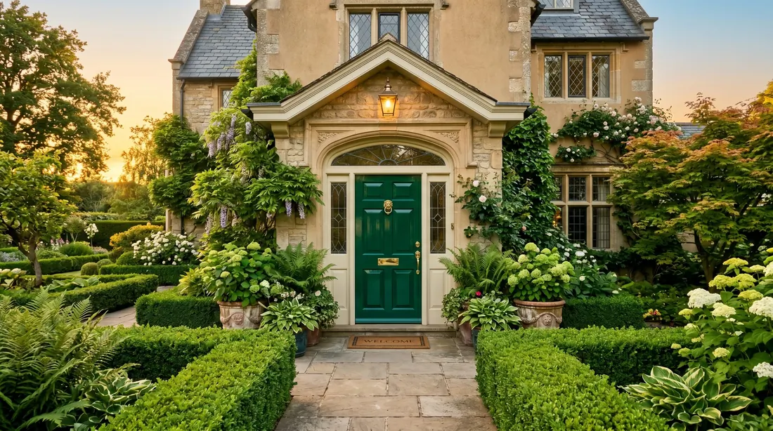 Emerald green front door with gold hardware and lush hedges.
