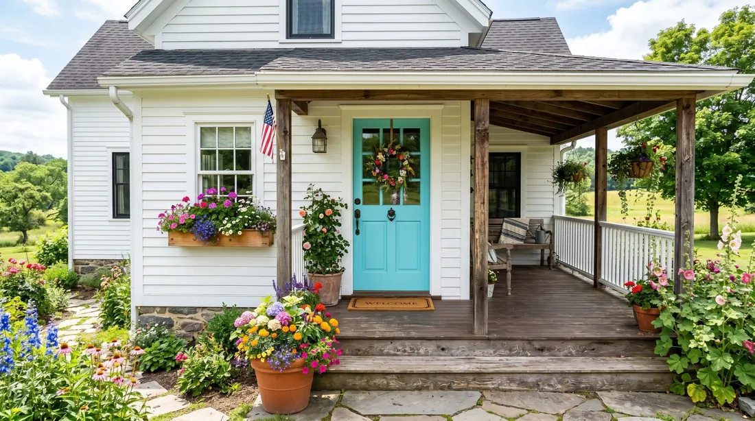 Turquoise front door on farmhouse with rustic porch and flower planters.