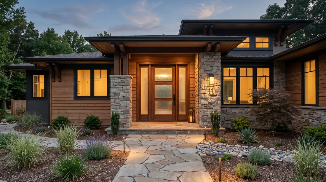 Walnut wood front door with glass panels and craftsman exterior.