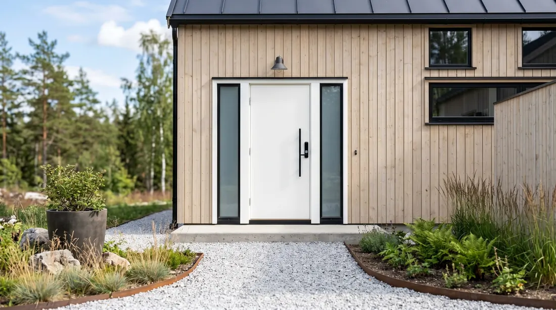 White front door with black accents on Scandinavian exterior.
