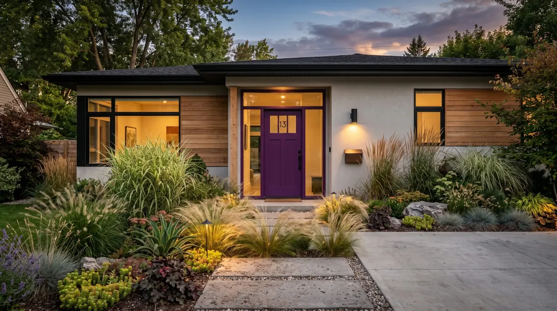 Purple front door on neutral house with ornamental grasses.